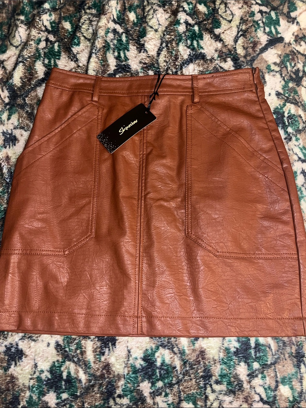 Shinestar Cognac Brown Faux Leather Mini Skirt